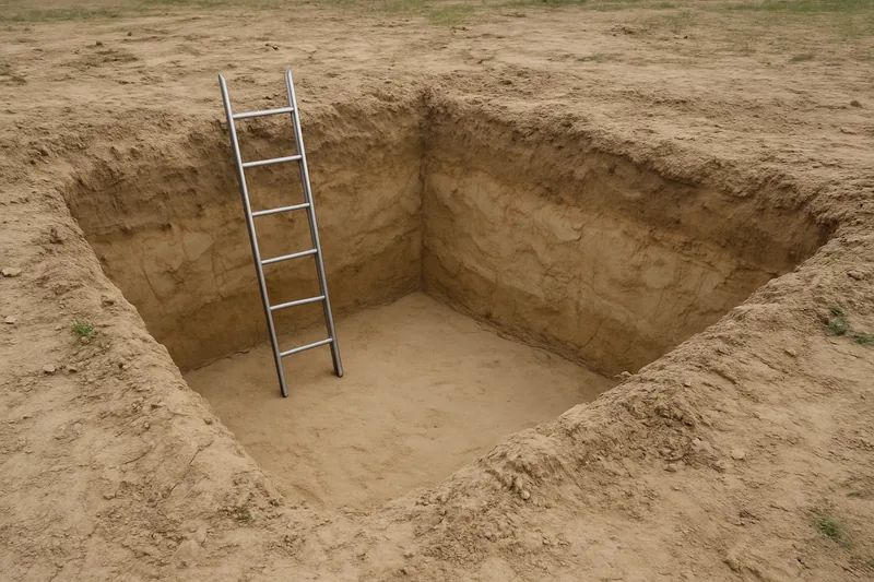 An empty rectangular pit with sandy sides and a ladder — septic tank installation, Busselton. Illustrative example.