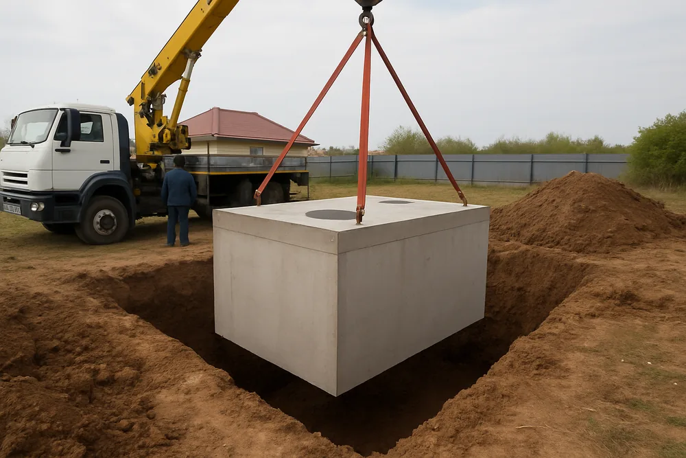 A precast concrete tank being lowered into a pit by a small truck crane — septic tank installation, Busselton. Illustrative example.
